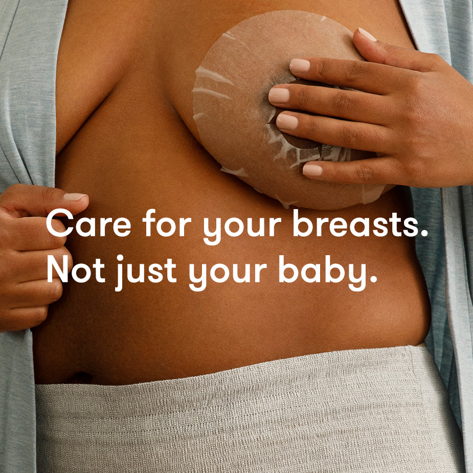 A woman wearing the Frida Mom breast mask and Frida Mom postpartum underwear. Caption: Care for your breasts, not just your baby.