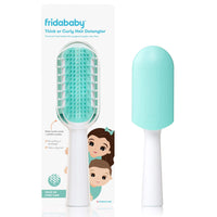 Thick or curly hair detangler shown inside and outside of package. Features a wide-teeth comb plus bristles combo. Has a cyan top half with a white handle.