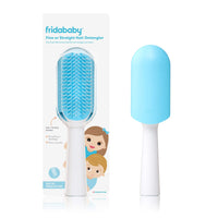 Fine or straight hair detanglar shown inside and outside of package. Soft flexible baby blue bristles, and a white handle.