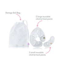 Showing the three items of the instant heat breast warmers. Package contains a white mesh storage boil bag, 2 large reusable click-to-heat packs, and 2 small reusable click-to-heat packs. 