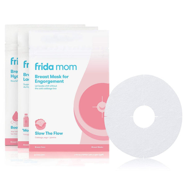 Three packets of breast mask standing up.  Showing one open white mask in the shape of a disk.