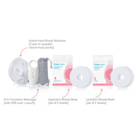 Open package of the Breast Care Kit. Kit shows 2 sets of reusable click-to-heat breast warmers, 2-in-1 Lactation Massager with usb cord plus pouch, 2 sheets of Hydration Breast Mask, and 2 sheets of Lactation Breast Mask