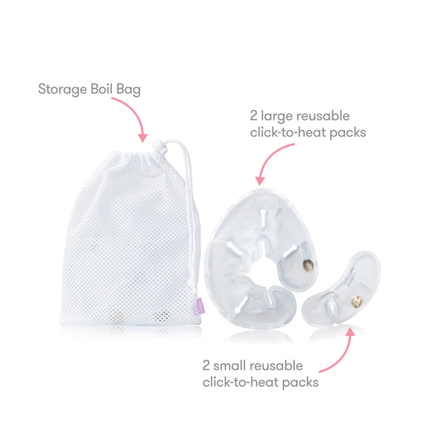 Showing the three items of the instant heat breast warmers. Package contains a white mesh storage boil bag, 2 large reusable click-to-heat packs, and 2 small reusable click-to-heat packs. 