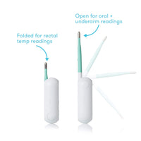An infographic showing two white thermometers. One folded for rectal readings, and another open and extended for oral and armpit readings.