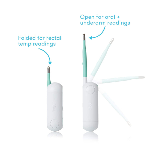 An infographic showing two white thermometers. One folded for rectal readings, and another open and extended for oral and armpit readings.